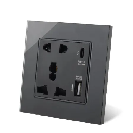 Glass Border Wall Socket 5 Pin With Type-C and USB Black image 1