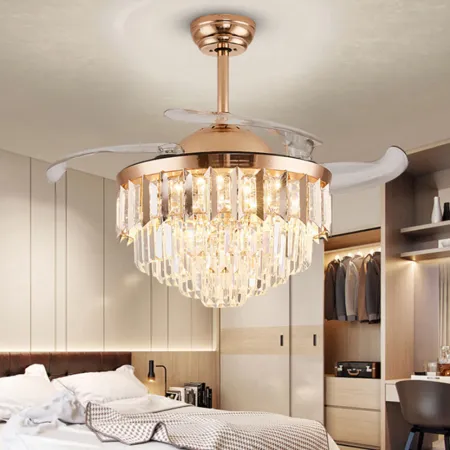Retractable Blades Crystal Chandelier 48" Ceiling Fan Remote Control image 1